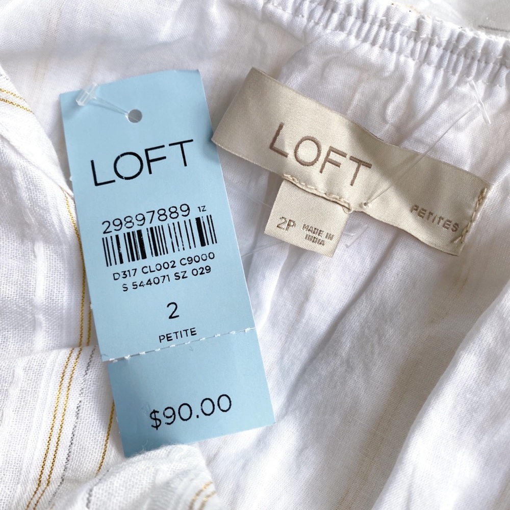 🐚 LOFT WHITE SILVER GOLD THREAD SUMMER RUFFLE MIDI DRESS! - Picture 6 of 13